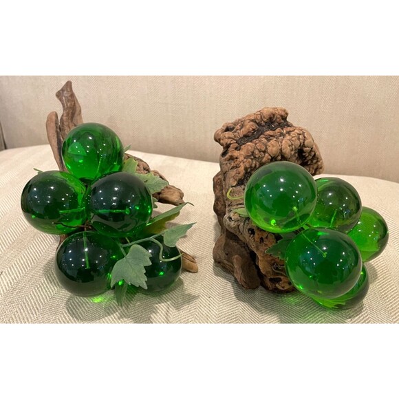 RARE Vintage Large Green Lucite Grape Cluster on Driftwood Burl Wood MCM Retro - Picture 9 of 11